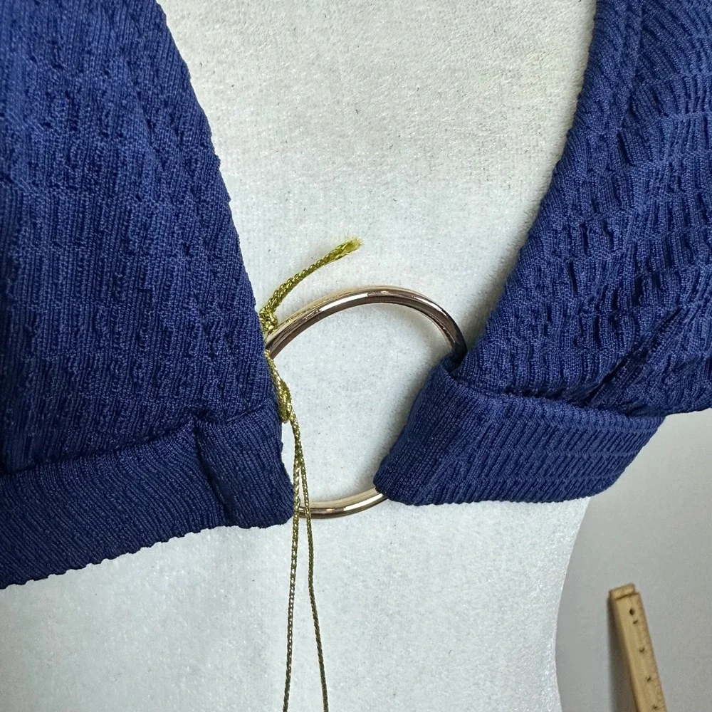 Shoshanna Navy Blue Textured Halter Bikini Top Gold Ring Detail DD NEW Luxury